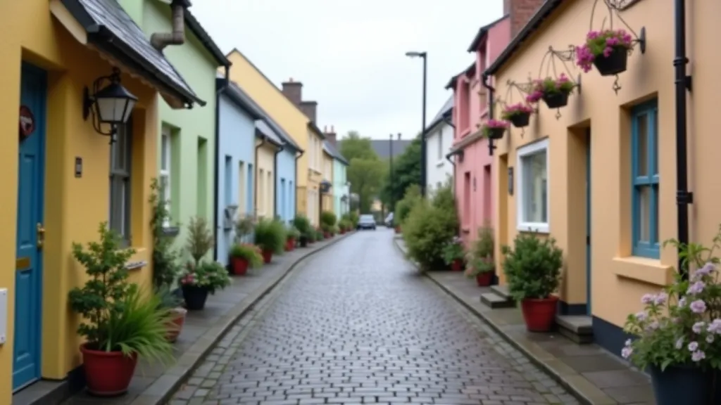 Ballyhack village street with colourful painted houses, narrow cobbled lane, traditional Irish architecture, flower boxes on windows
