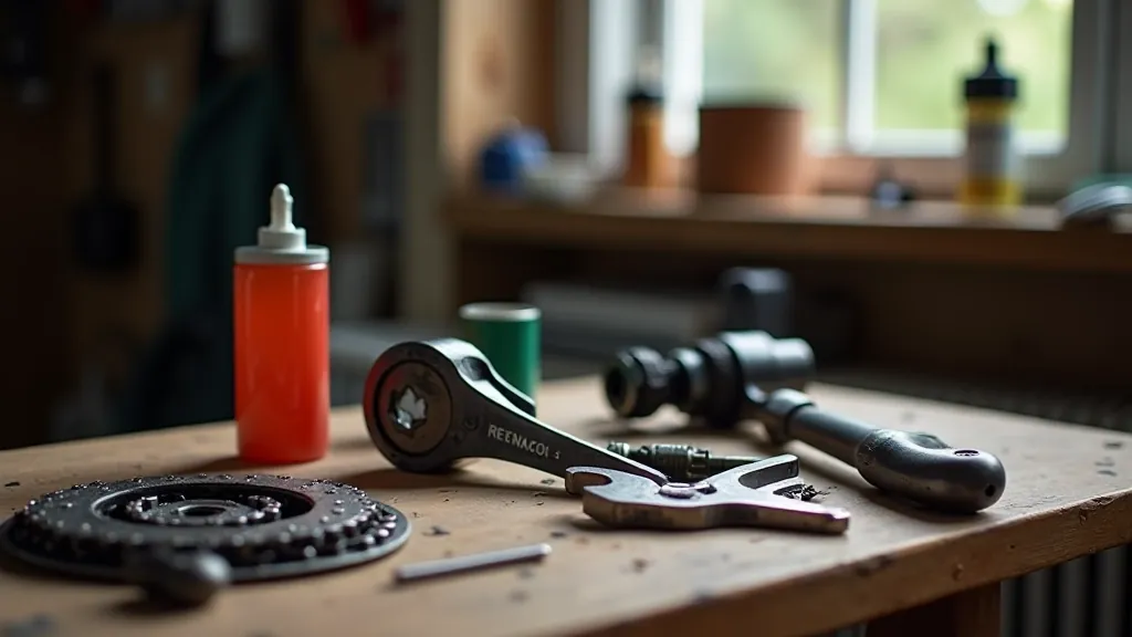 Close-up of bicycle maintenance tools and chain cleaning supplies on a workbench
