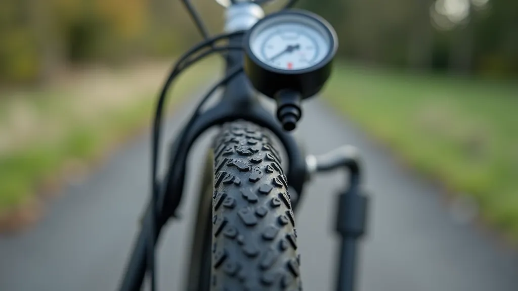 Close-up detail of bicycle tire tread and valve, being checked with a pressure gauge