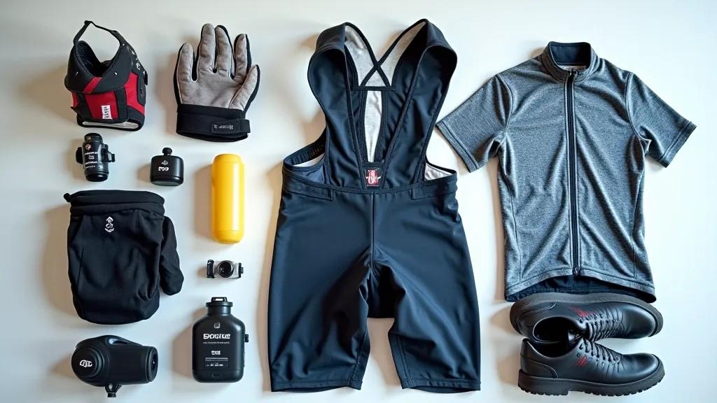 Cycling gear laid out including padded shorts, jersey, gloves, and water bottle for longer route preparation