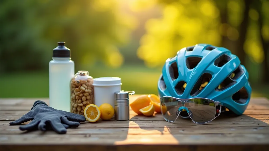 Cycling gear laid out on wooden table: water bottle, snacks, sunscreen, light jacket, cycling gloves, helmet, flat lay