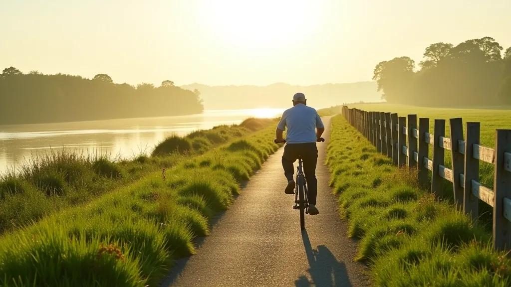 Scenic riverside cycling path with green fields and calm water, morning light