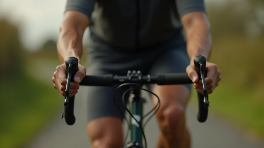 Close-up of cyclist hands on handlebars, demonstrating proper hand position and relaxed grip on a bike