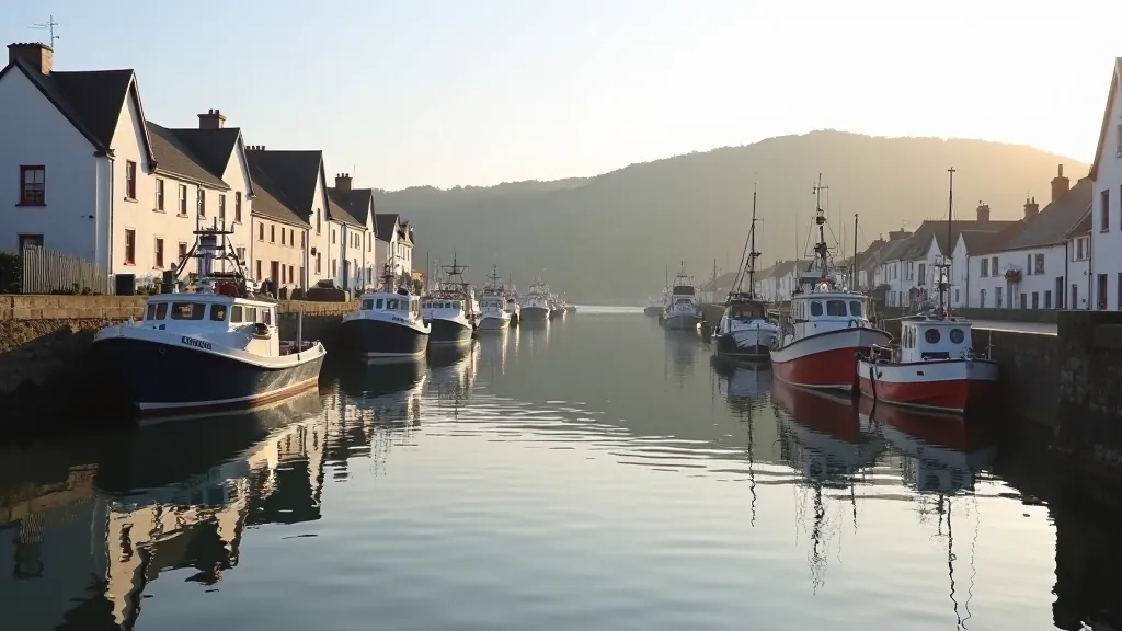 Historic Dunmore East harbour with fishing boats and waterfront buildings, sunny day