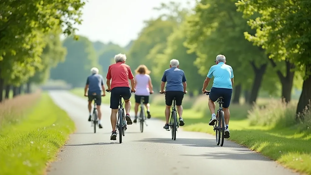 Group of cyclists riding on flat path along river with trees