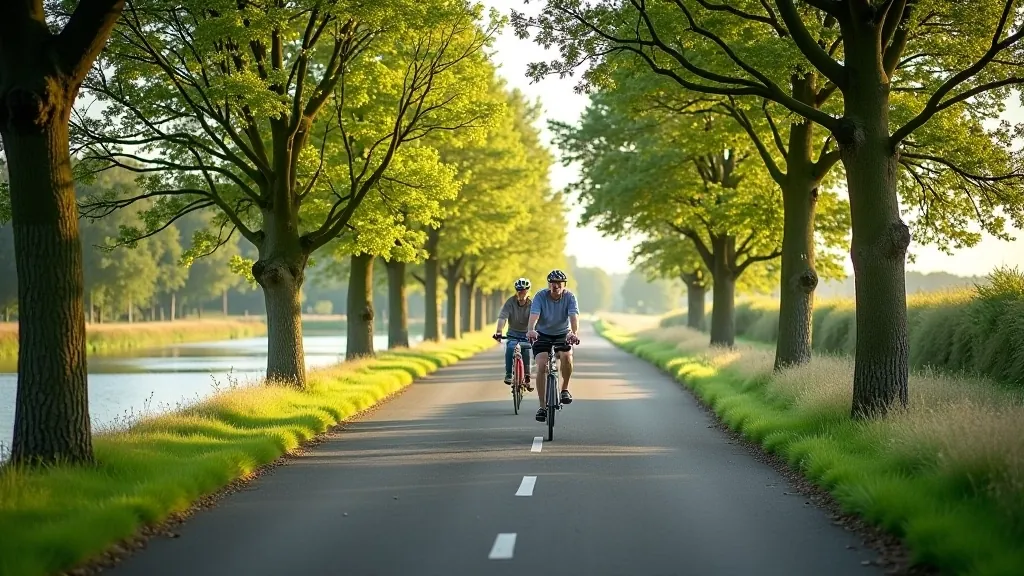 Flat riverside cycling path with mature trees, smooth tarmac surface, clear sky, peaceful setting