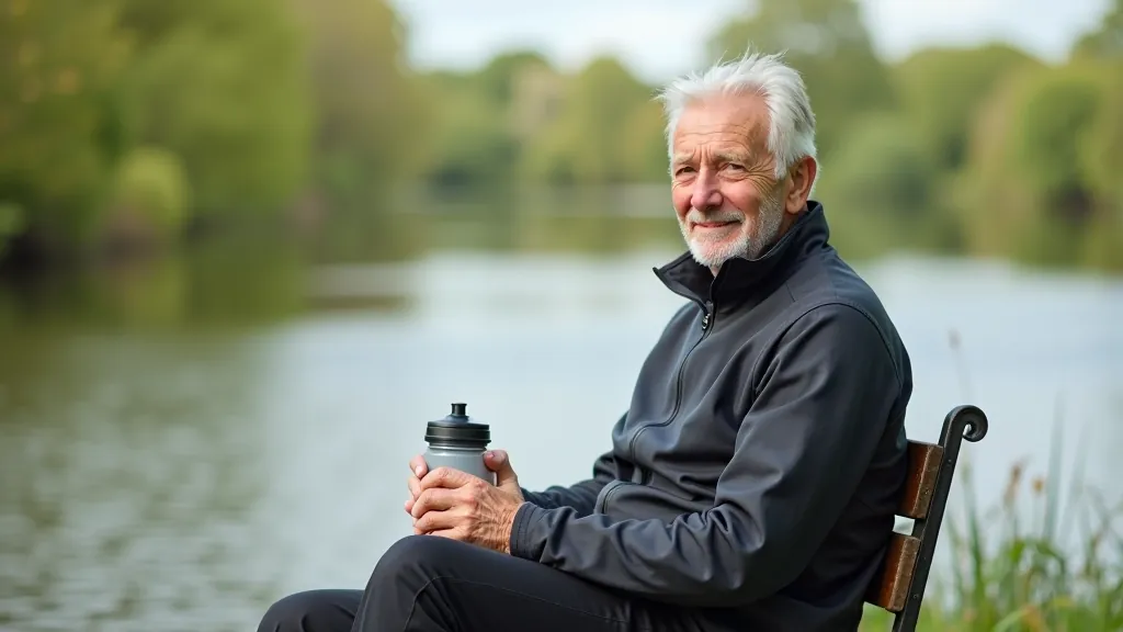 Mature cyclist taking break on riverside bench, holding water bottle, peaceful water view, casual relaxed posture