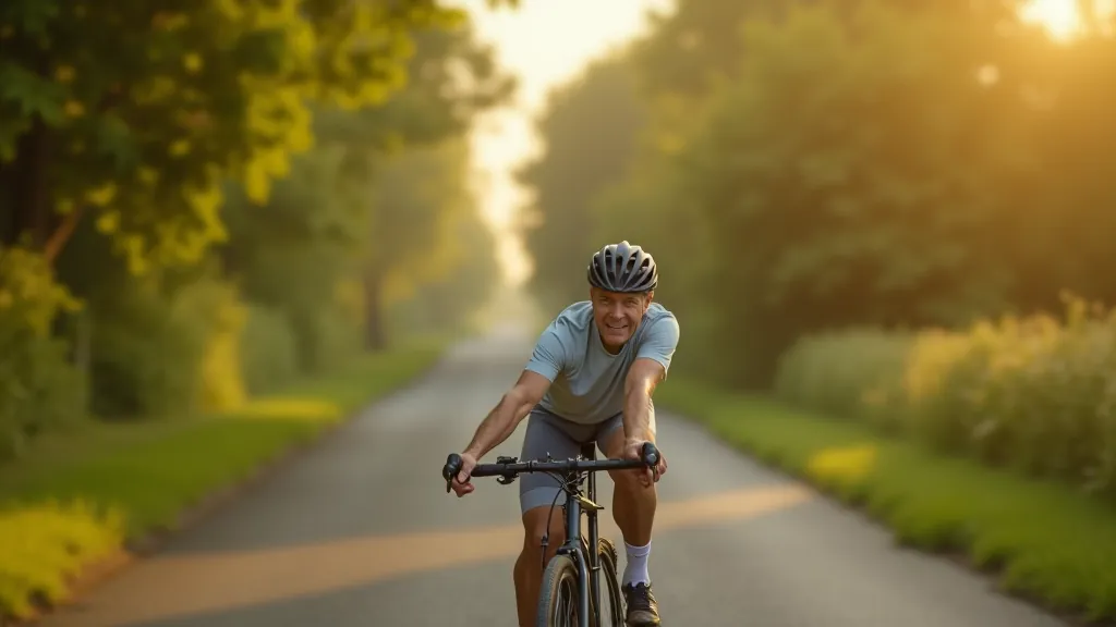 Cyclist at the start of a route, relaxed expression, beginning of a scenic cycling path with trees and open sky