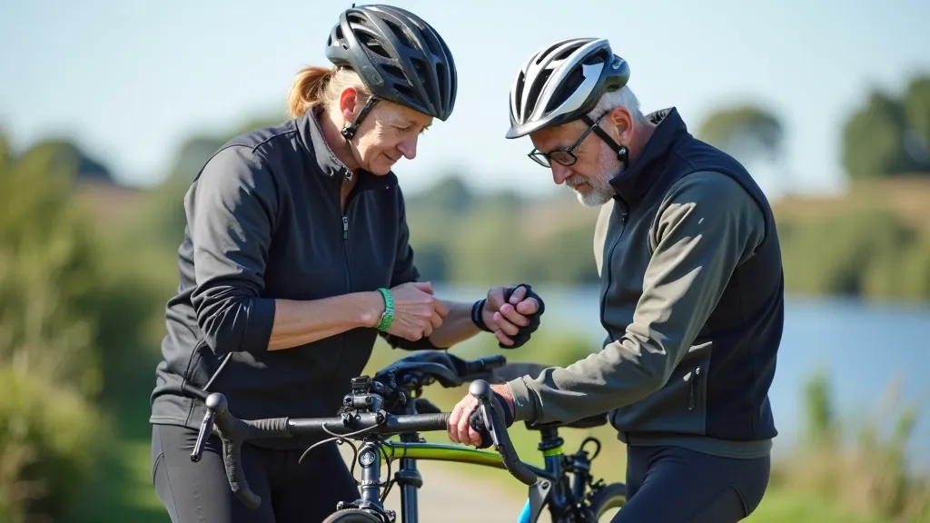 Cyclist performing basic bike maintenance and checks