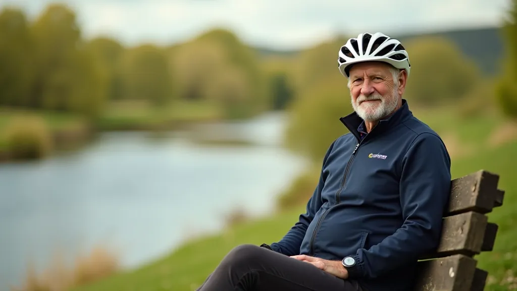 Cyclist taking a rest on a wooden bench overlooking the River Suir, green meadows in background, peaceful afternoon light