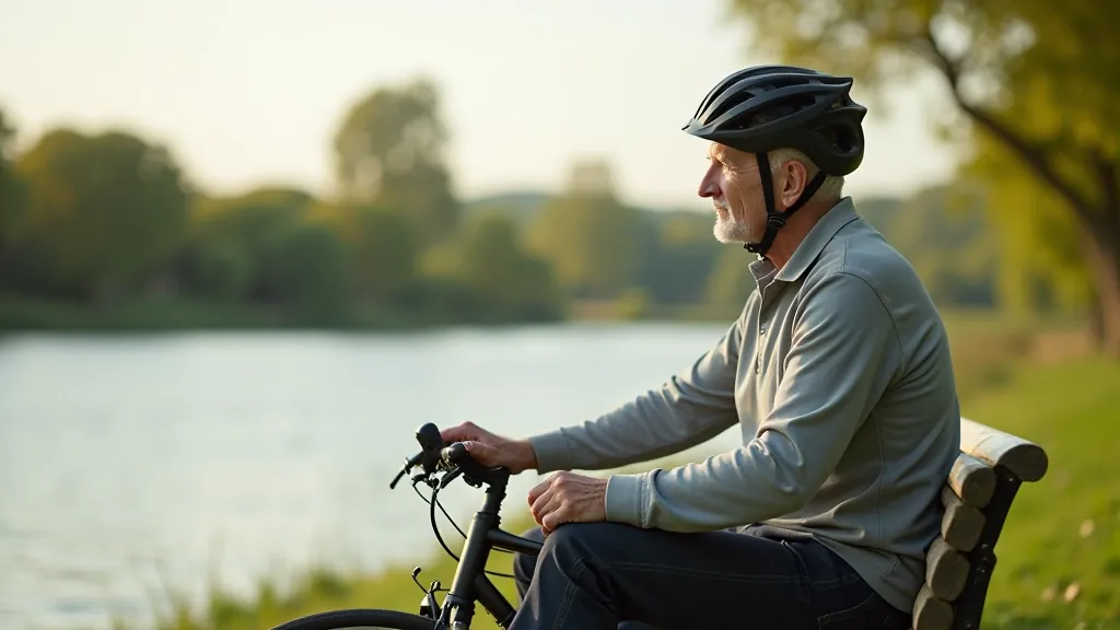 Cyclist resting on a bench overlooking the river, comfortable cycling gear visible