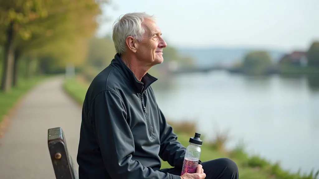 Cyclist resting at a scenic waterfront stop, drinking water from a bottle, relaxed sitting position overlooking the river