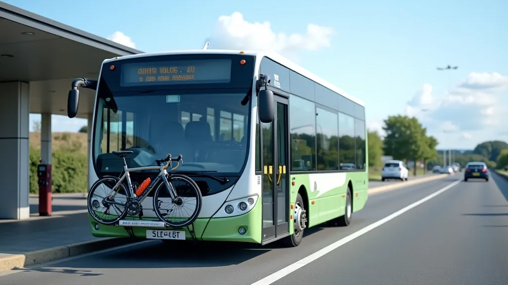 Bus with bicycle rack, modern public transport vehicle parked at riverside terminal, clear sunny day