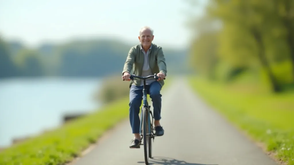 Cyclist on a scenic river path with water visible, demonstrating relaxed riding posture during a longer route