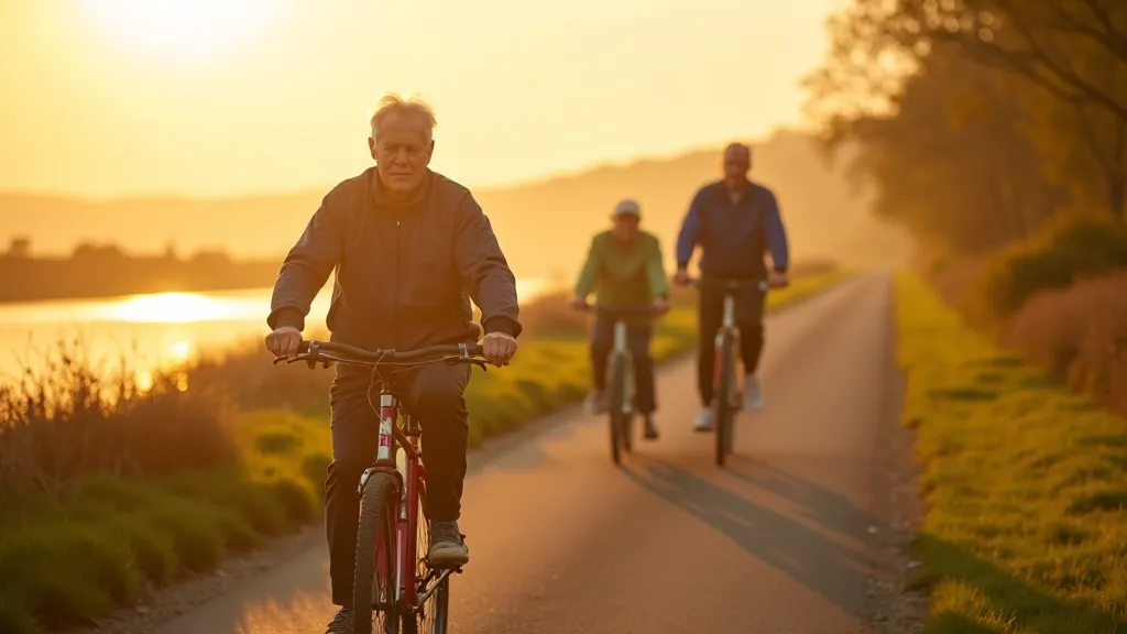 Pensioners cycling together on a flat riverside path in County Waterford