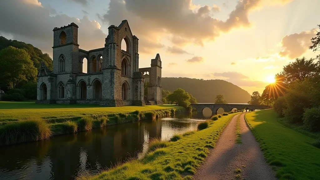 Tintern Abbey ruins with Gothic arches silhouetted against sky, River Suir flowing beside ancient stone walls, green landscape, late afternoon light