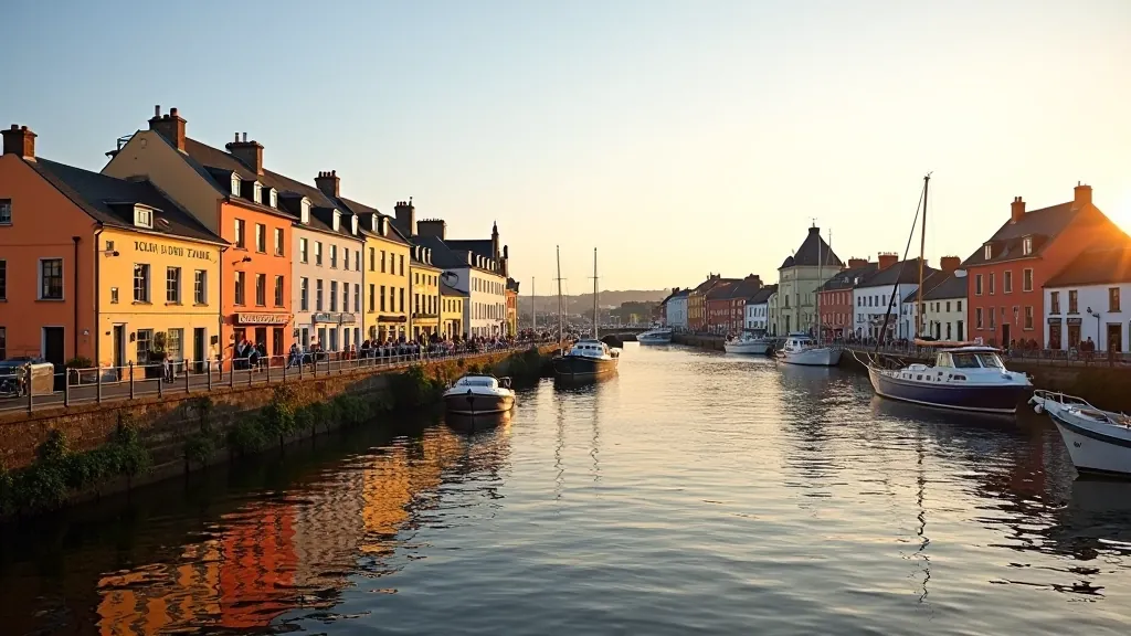Waterford harbour with historic buildings and sailing boats, golden hour lighting