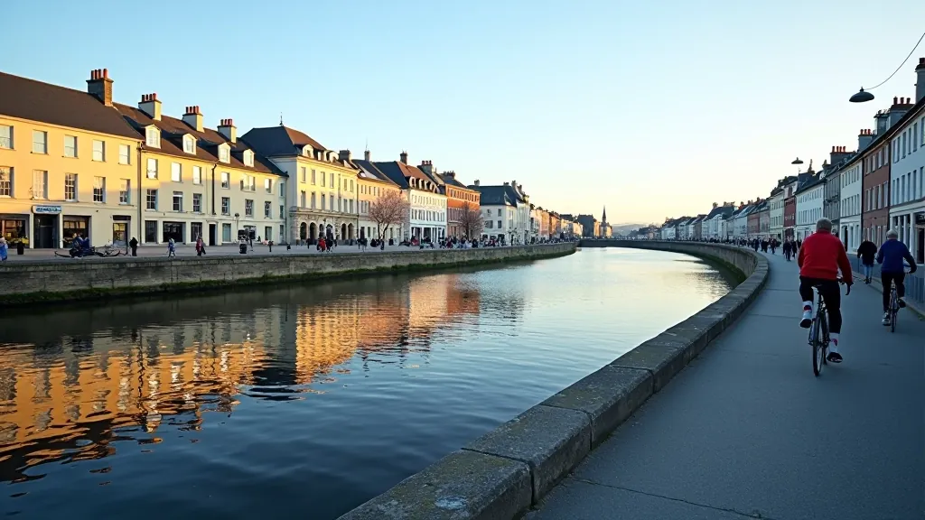 Waterford city riverside promenade with historic stone buildings, river in foreground, tourists and cyclists enjoying the waterfront, clear blue sky